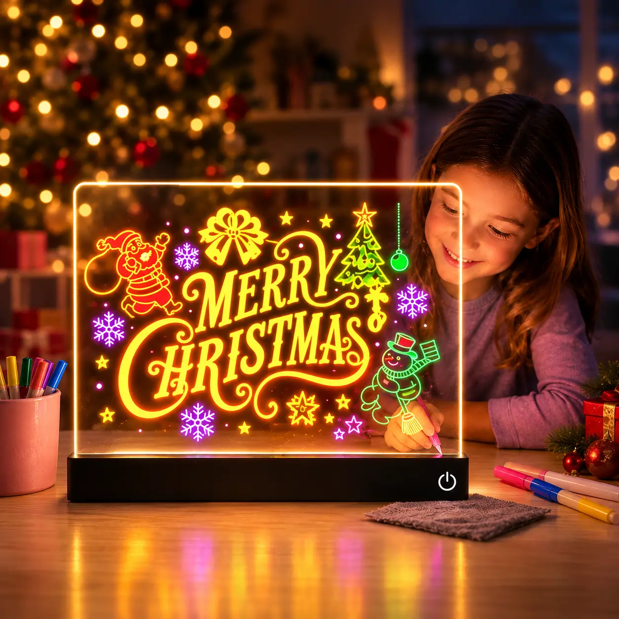 LED Acrylic Writing Board with Stand, Colorful Light-Up Message Board with 7 Markers, Transparent Memo Board for Home Office, Desk Decor and Daily Reminders