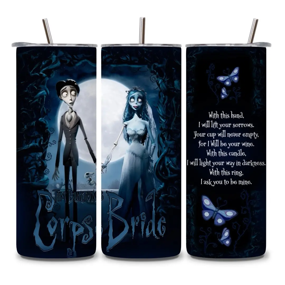 Tim Burton's Corpse Bride 20oz Reusable Water Bottle Tumbler, with Lid and Straw, Water Bottles, Washable