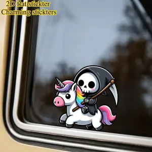 1PC Funny Grim Reaper Riding Unicorn Decal Cartoon Style for Car Window Decoration Exclusive for Trendy Enthusiasts Car Exterior Sticker Car Window Decals