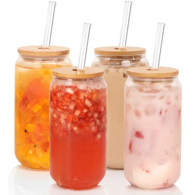 18oz (500-1000ml) Can-Shaped Reusable Kitchenware Drinking Glasses Set of 4 - Bamboo Lids, Glass Straw, Cleaning Brush, Heat-to-Freeze Safe, DIY Decor-Friendly for Indoor Dining Iced Coffee, Cocktail Gift