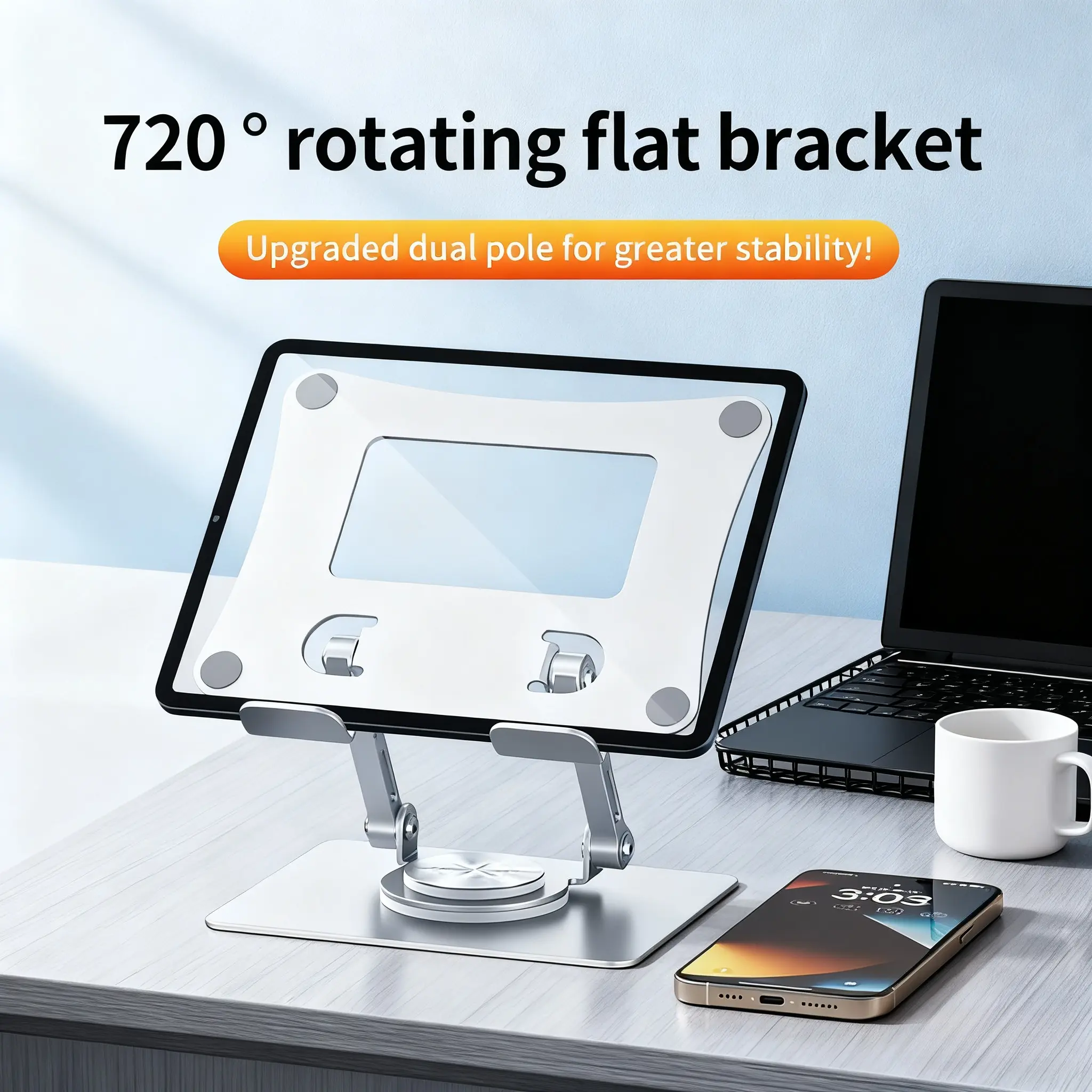 iPad Stand, Adjustable Height & 360° Rotatable Carbon Steel Metal Lazy iPad Stand, Portable & Stable Ipad Holder