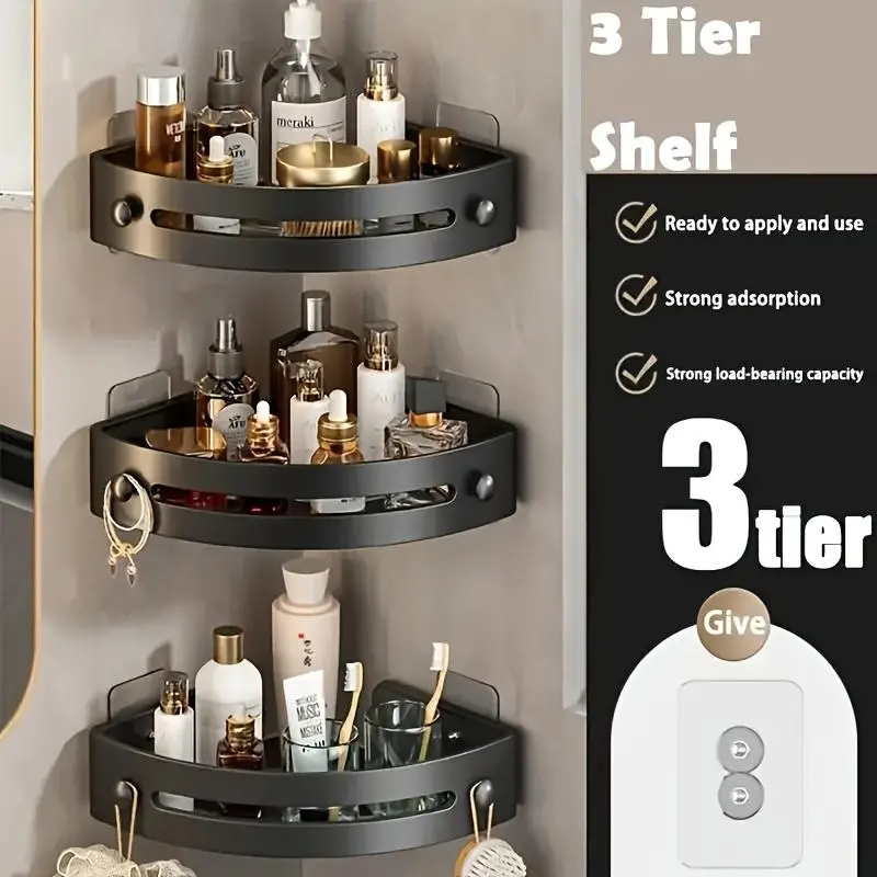 H1HomeFixMart 3-Pack Modern Eco-Friendly Durable Lightweight Black Plastic Triangle Shower Caddy, 3-Tier No-Drill Wall Mount Corner Shelf, 40lbs Load Capacity Bathroom Organizer with Towel Hook & Toiletry Holder, Triangular