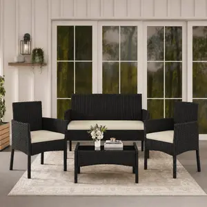 【Smart Buy】Costoffs 4-Piece Outdoor Reception Set with 1/2-Seat Sofa 2 Single-Seat Sofas & Coffee Table Patio Rattan Furniture Tempered Glass Top Cozy Garden Seating,summervibes