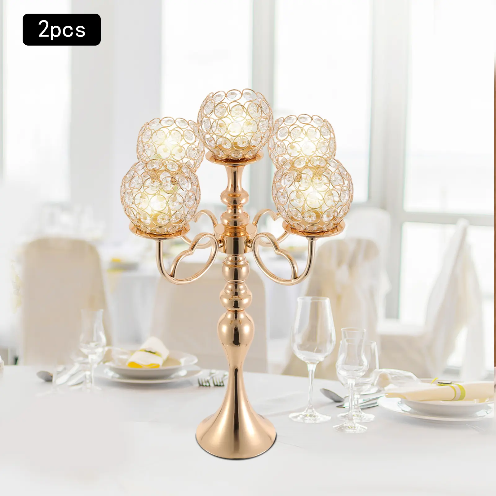 CNCEST 2-Piece Sturdy 5-Arm Metallic Candle Holders Set, Electroplated Golden Finish, Heat-Resistant Glass Tea Light Holders, Heart-Shaped Accents, Room & Desktop Decor, Ideal for Kitchen, Celebrations, Wedding Gift