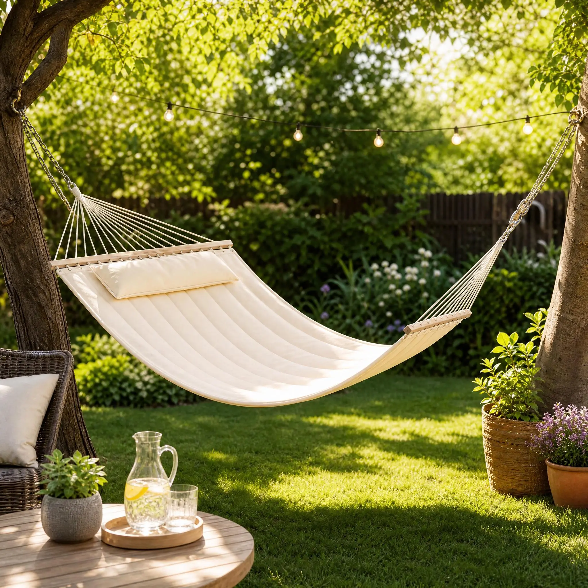 Double Quilted Hammock for 2 with Wooden Spreader Bar – Removable Pillow – Heavy Duty 450lbs – Patio, Backyard, Poolside Use – Includes Chains – Beige