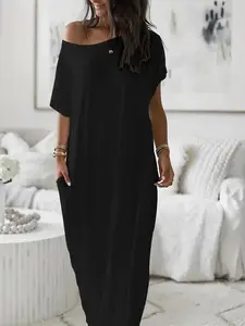 Women's Solid Color Sleepwear, Loungewear, Micro-Stretch Polyester Fabric, Fashionable Design Large Round Neck Loose Fit Short Sleeve Long Nightgown