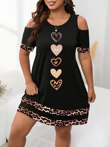 Plus Size Women's Leopard Heart Pattern Round Neck off Shoulder Short Sleeve Loose Dress, Womenswear Casual Wear Fashion for Summer