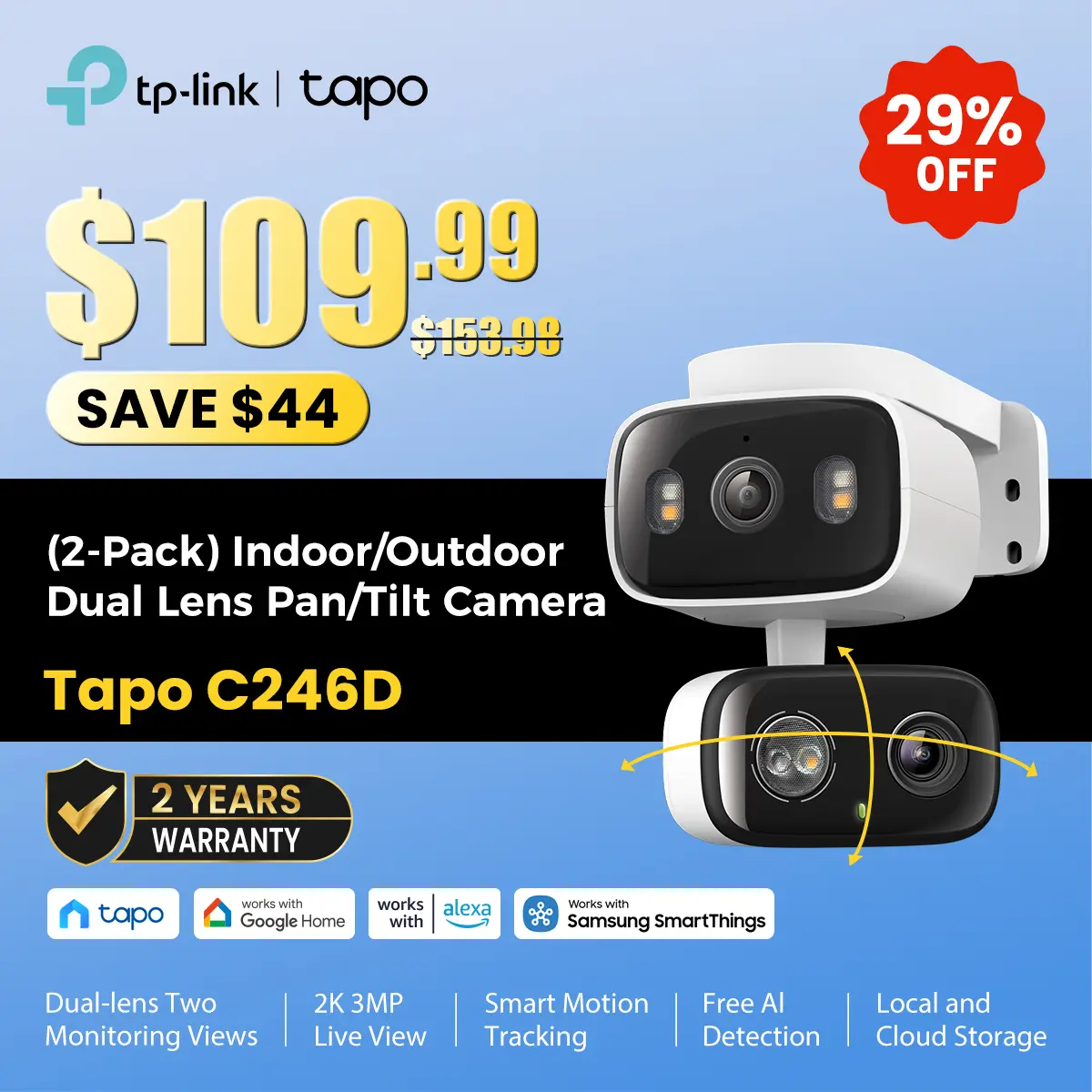 TP-Link & Tapo C246D(2-Pack) 2K 3MP Dual Lens Pan/Tilt Indoor/Outdoor Security Cameras with AI Detection, 360° Pan, Free Person/Vehicle Detection, SD/Cloud Storage, Works with Alexa & Google Home  #SummerWins #DealsForYouDays