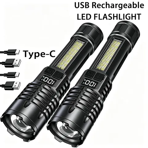 2-Piece High-Brightness Rechargeable LED Flashlights Set - 5 Smart Modes, COB Wide Task Light, Tactical Accessories, Zoom Focus, 2000mAh ABS Body, Power Level Display, Spotlight Long Reach, Handheld Tough Lightweight Camping Gear
