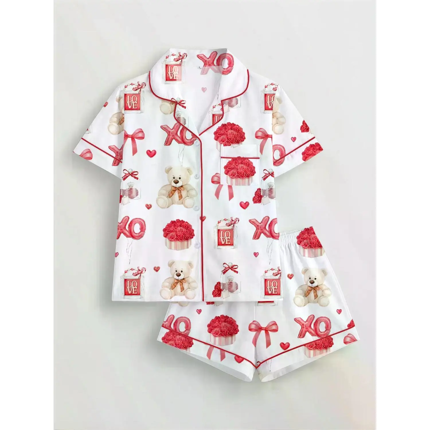 Romantic Valentine's Day Women's Sleepwear Set, Floral & Bear Print, Short Sleeve Button-Up Top with Elastic Waist Shorts, Cozy Home Loungewear
