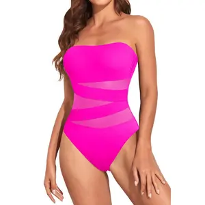 Holipick Women Strapless Bandeau One Piece Swimsuits Sexy Mesh Cutout Bathing Suits Tummy Control Swimwear  SwimWeek  summervibes