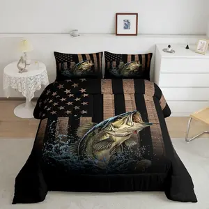 Feelyou American Flag Luxury Bedding Set - Fishing & Hunting Themed Pike Fish Comforter, Rustic Wooden Soft Duvet Set, Bedspread for Home Decor & Bedroom Gifting