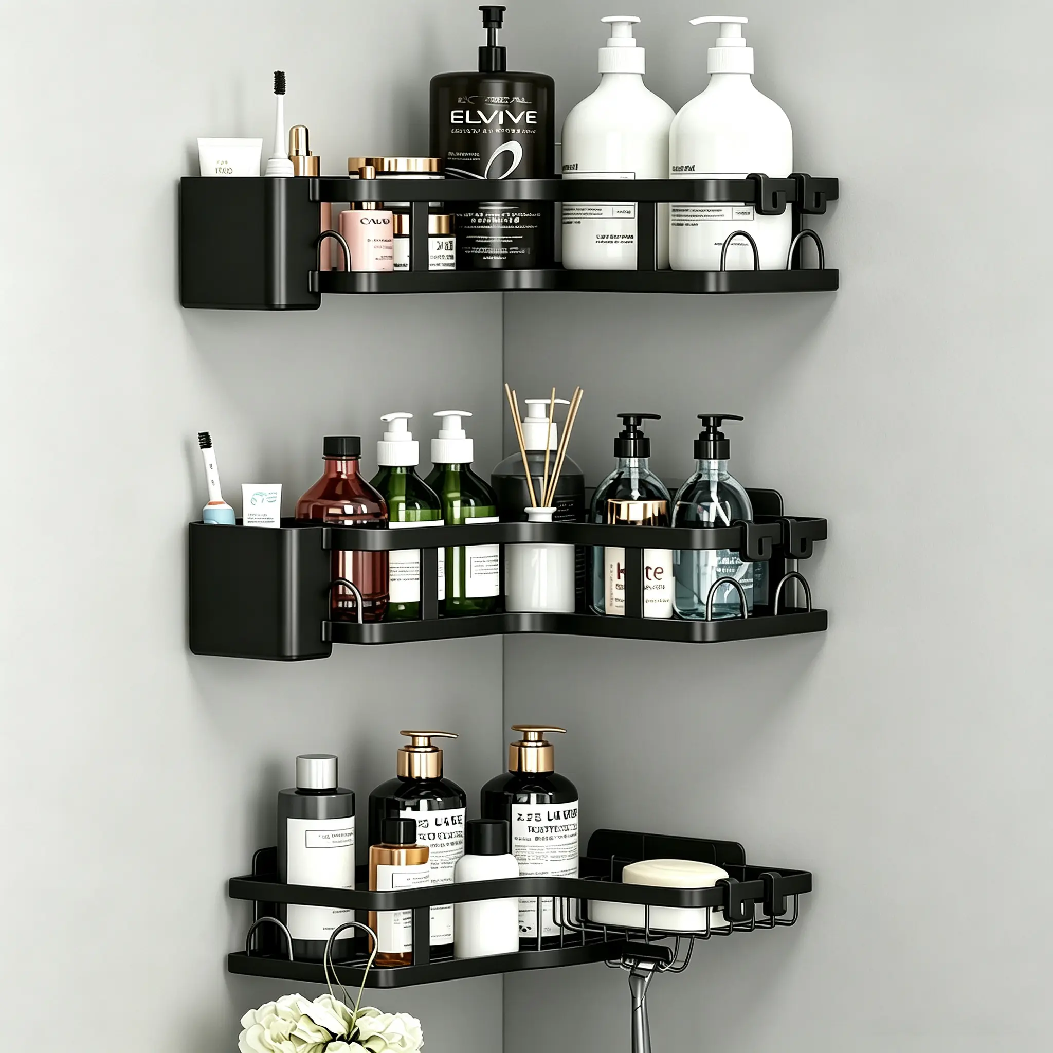 Black Stainless Steel Corner Shower Organizer Set, 5-6 PCS Bathroom Shelves & Accessory, No-Drill Wall-Mount Storage Rack with Hooks & Toothbrush Holder