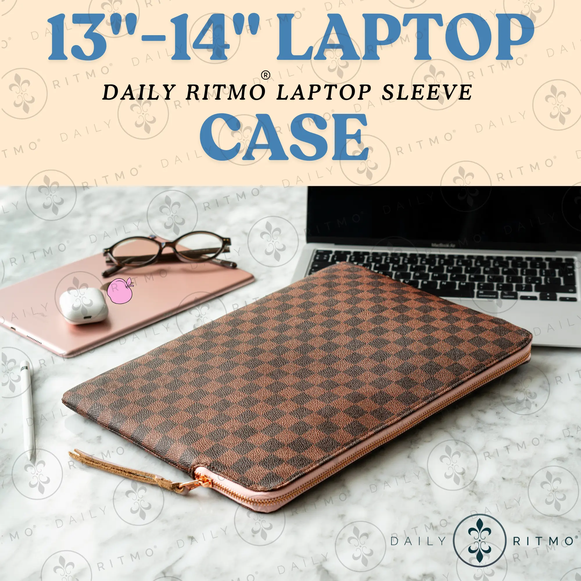 DAILY RITMO PU Leather Laptop Cover Sleeve, 13-14 Inch Fit, 13.5" x 9.5" Dimensions, Checkered Design, Rose Gold Zipper, Pink Lining, Daily Wear Protection