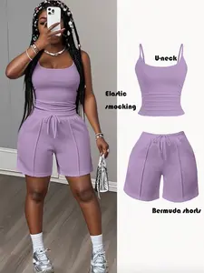 2pcs/Set Women's Summer Casual Basic Sports Style U-Neck Suspender Vest With Tooth Strips Decorative Sweatpants，Women's Solid Color Set, Comfortable Daily Wear, Perfect for All Seasons, Stylish and Versatile