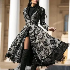 A large-sized retro long trench coat with lace patchwork for women in winter 2025 Women's Long Sleeve Open Front Blazer Can be used with a raincoat