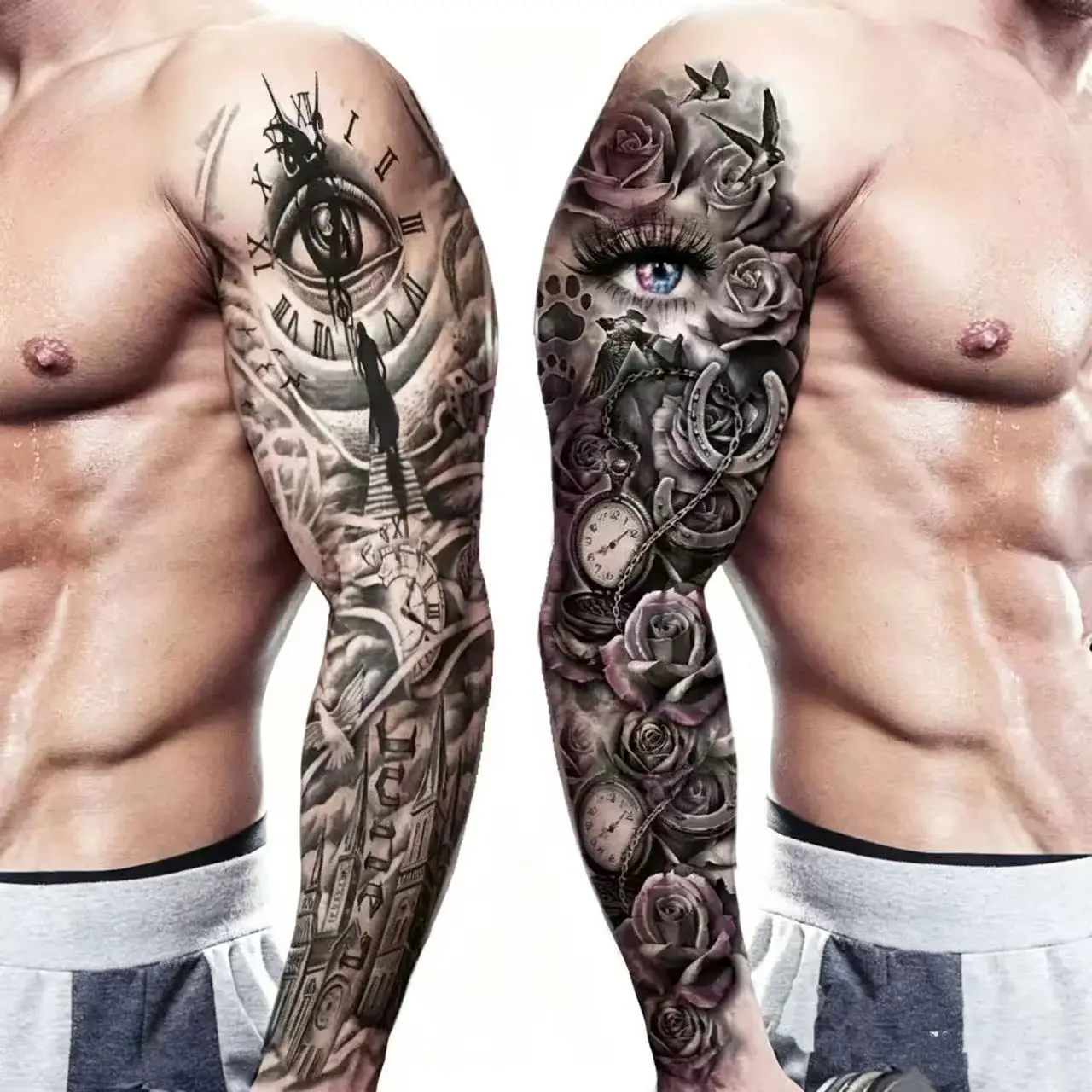BAGHPBM 8 Full-Arm Skin-Adhesive Temporary Tattoo Sleeves - Crown, Lion, Skull, Angel, Wolf, Rose, Clock Designs - Waterproof Ephemeral, Realistic, Hyper Realistic, Body Decal Tattoos for Beauty & Personal Care, All, Ephemeral Tattoo
