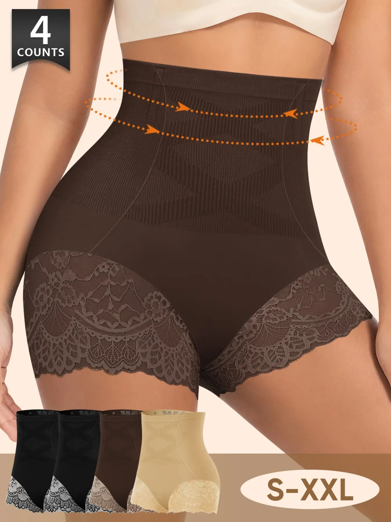 Morelect High-Waisted Lace Shapewear Panties, 4-Pack, S-Xxl, Tummy Control, No Roll, Embroidered Design, Casual, Elegant, All Seasons
