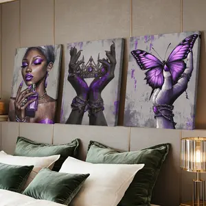 3 Counts Wooden Framed Canvas Painting, Elegant Purple Crown And Butterfly Art Images, Exquisite Poster, Perfect Living Room Decoration, Modern Art, Fashion Family Poster, Wall Art Decoration, Waterproof Art