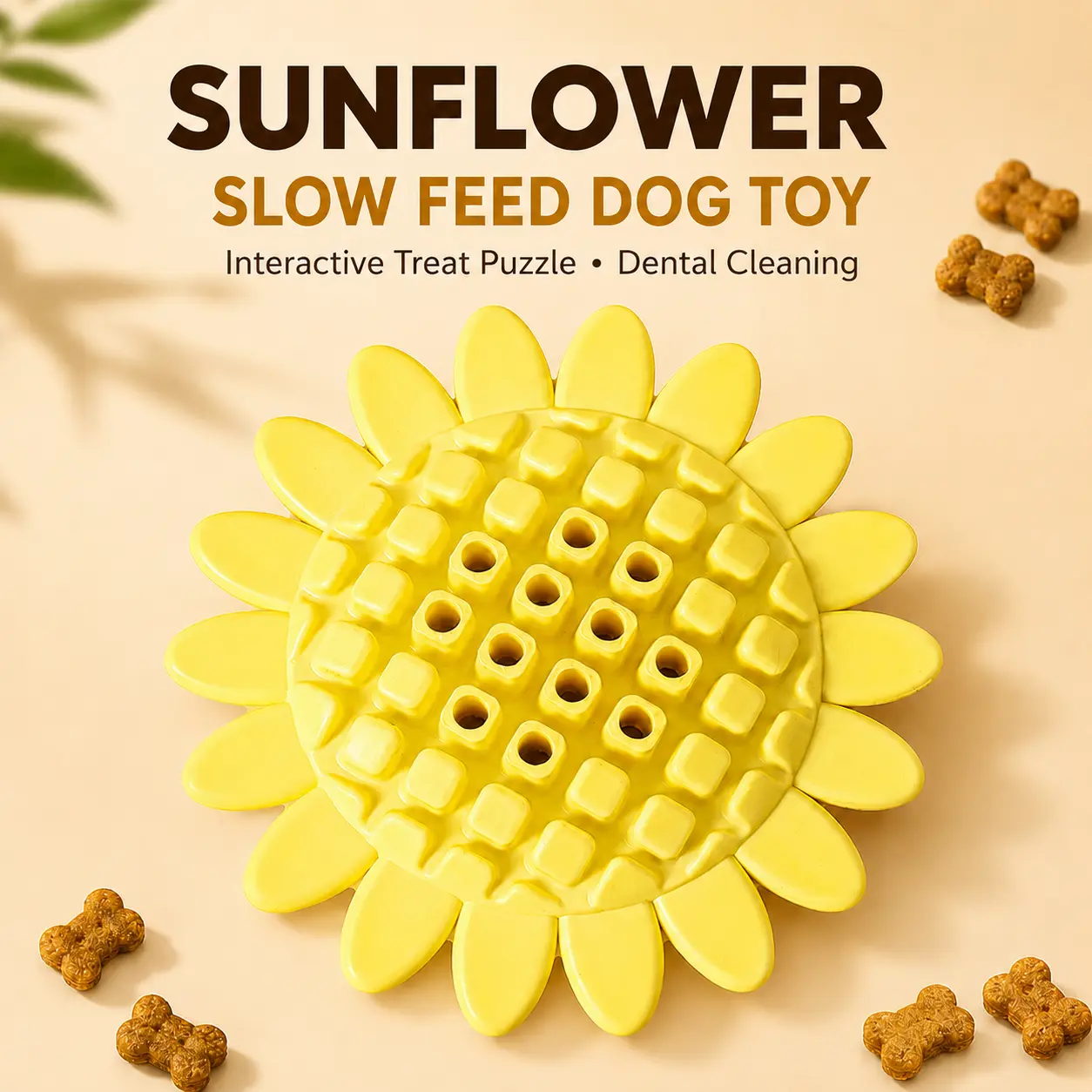 Sunflower Dog Treat Dispenser Toy, Rubber Slow Feeder Chew Puzzle for Dogs, Textured Interactive Toy for Kibble and Treats, Yellow