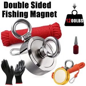 1200LBS Double Side Fishing Magnet, Heavy Duty Rare Earth Neo Dymium Magnet with Countersunk Hole Eyebolt, Rope and Carabiner for Retrieving Items in River, Lake, Beach, Lawn