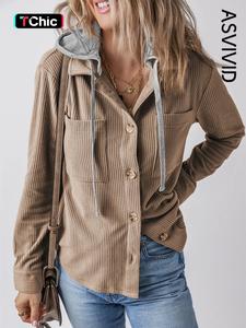 women's leisure style solid color hooded drawstring pockets corduroy shacket jacket