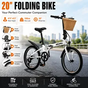 20 Inch Folding Bike for Adults with Basket Phone Holder Fenders Steel Frame 6 Speed City Commuter Dual V Brake Portable Compact Bicycle Men Women Lightweight Urban Travel Bicycle Space Saving Organizer