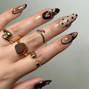 New 3D Coffee Cream Gradient Flower Nail Tips, Almond Shape Medium Length, Detachable False Nails with Removal Tool, Perfect for Parties