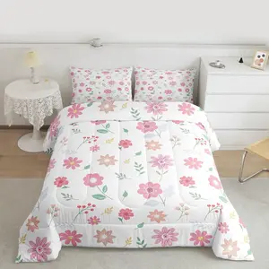 Cute Flower Comforter Set Fresh Flower Floral Bedding Set for Kids Boys Girls Nature Plants Duvet Quilt Pink Green Bedroom Decor Microfiber