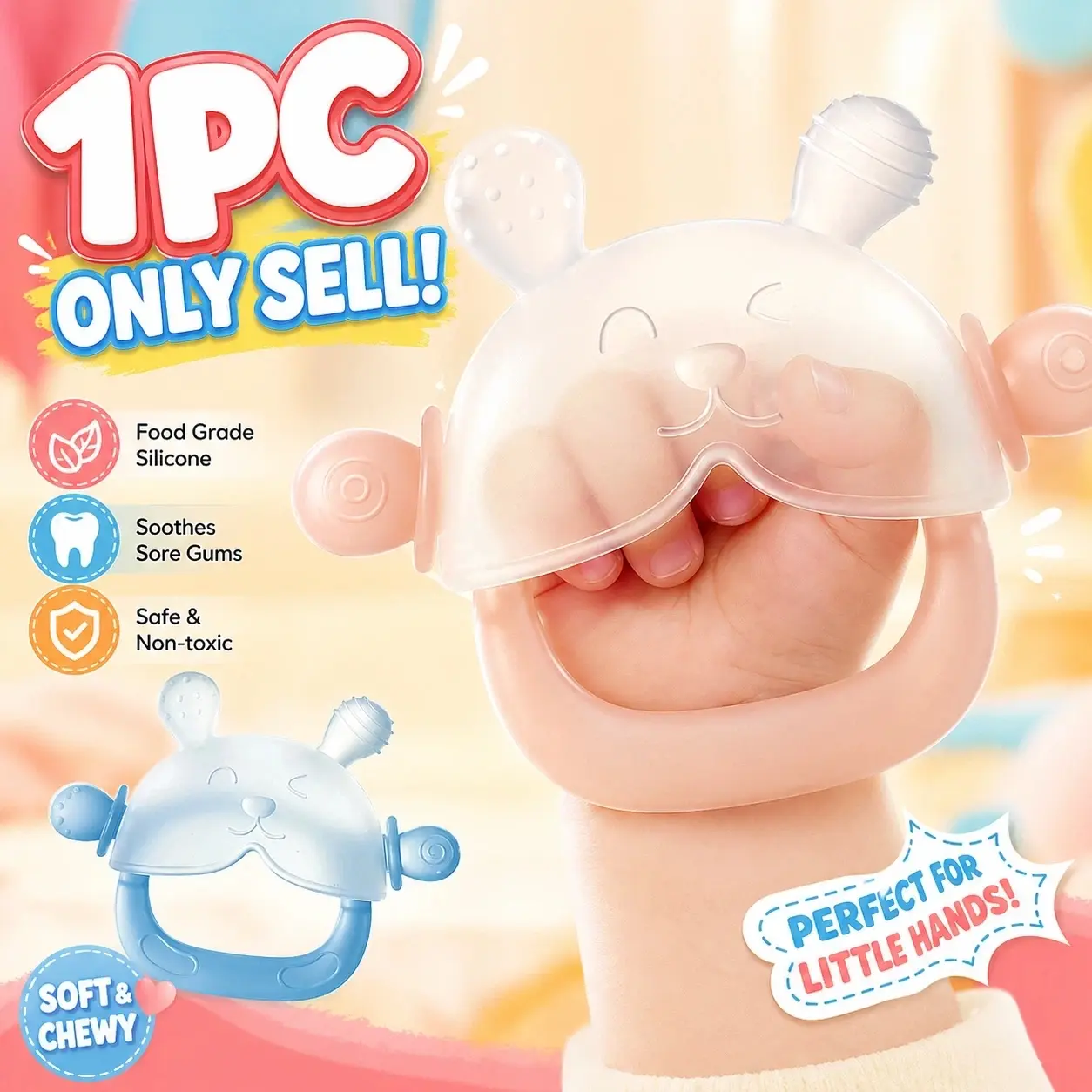 1 Count Early-Education Silicone Teething Glove, Cute Bunny Teether, Newborn Teaching Aid to Prevent Hand Biting, Food-Grade Multi-Textured Design Education Product for Infant Boys and Girls