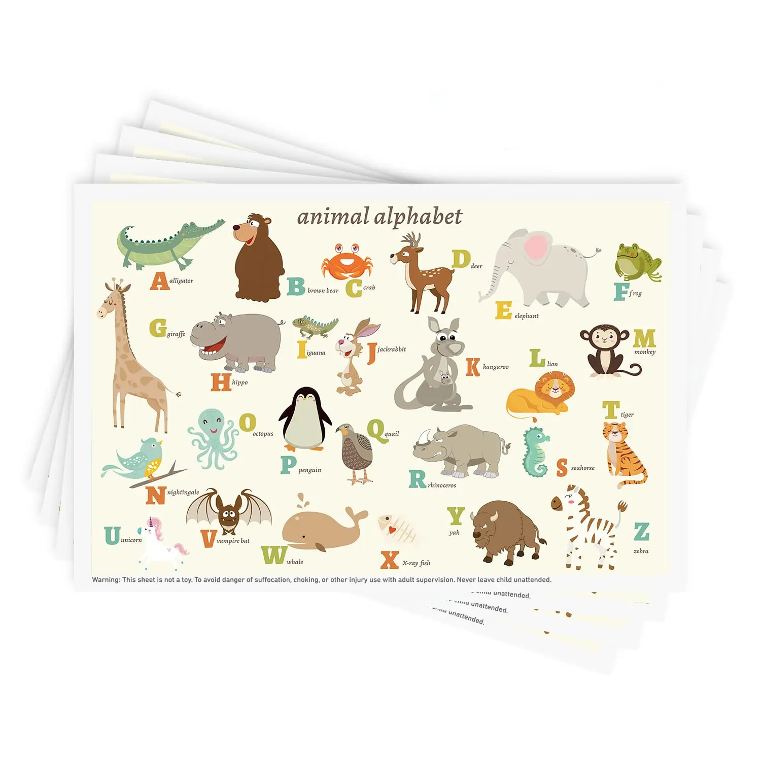 Disposable Stick-on Placemats 40 Pack for Baby & Kids & Toddler, Sticky Placemats Restaurant Table Mats 12" x 18" (Animal Alphabet)