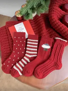 4 Pairs Christmas Knitted Socks Set, Polka Dot Stripe Tree Pattern, Comfortable Warm Boat Socks, Perfect Holiday Gift, Sock Set Foot