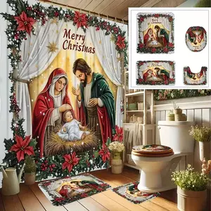 1/4pc Christmas-themed shower curtain set with priest and saint motifs, including a shower curtain, toilet seat cover, rectangular mat, and U-shaped mat. for bathroom décor. Comes with 12 shower curtain hooks. Bathroom decoration accessories