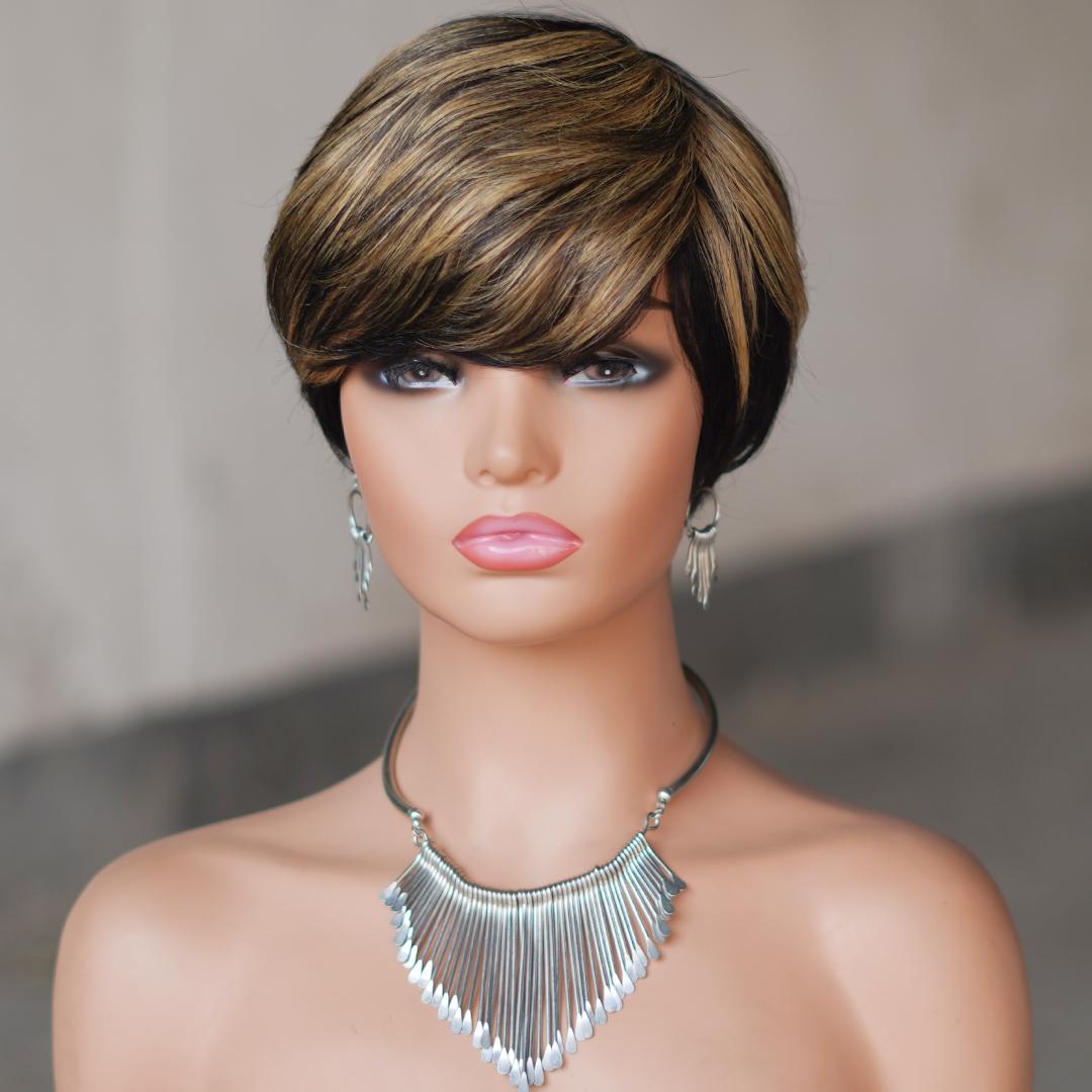 "Glueless Short Pixie Cut Wig With Bangs 180% Density Brazilian Virgin Human Hair P1B/27 Ombre Black Blonde 6 Inch Layered Full Machine Made Natural Look With Wig Caps For Women Daily & Party Wear "	