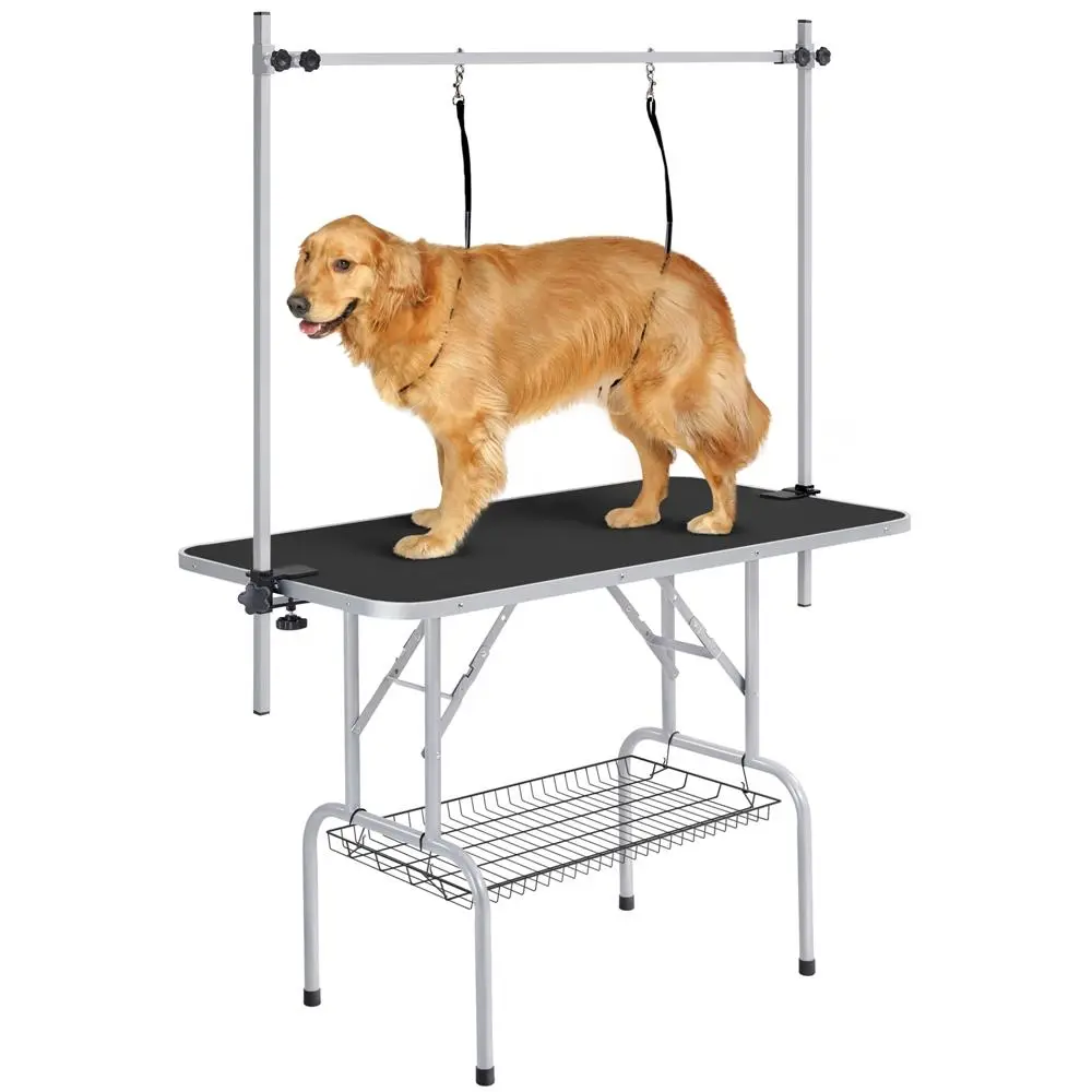 Costoffs Adjustable Stainless Steel-Arm Pet Grooming Table, Foldable Pet Beauty Bed with Storage Basket, Safety Loops for Dogs & Cats, Adjustable Arms