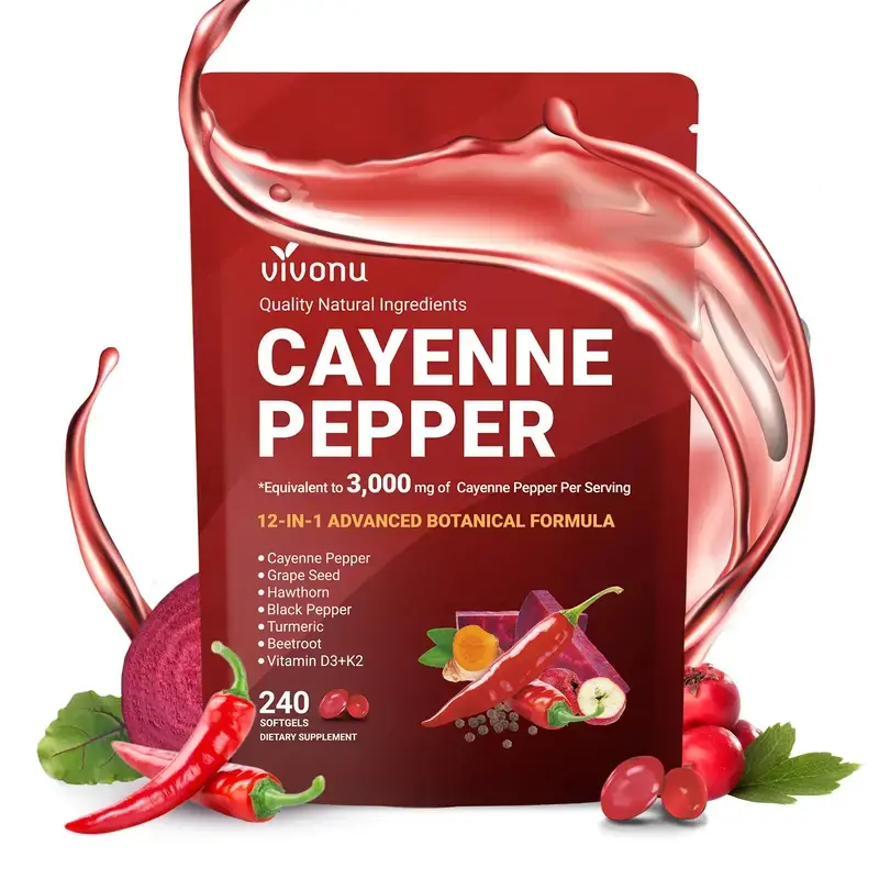 VivoNu Cayenne Pepper Softgels Supplement, Supports Leg Vein, Heart and Blood Vessel Health, with Vitamin E D3+K2 and Extracts of Grape Seed, Hawthorn, Beetroot and Others (240 Softge /1 Bag) SummerVibes