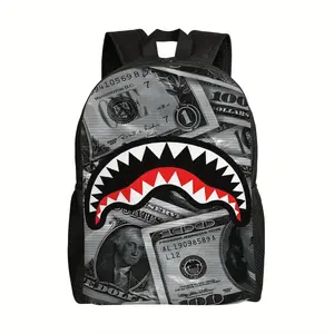1pc Shark Camouflage Backpack - Black with Red & White Shark Mouth Design, Adjustable Shoulder Straps, Zipper Closure, Durable Polyester Lining, Perfect for College & School, Unique Gift for Men, School Bag, Playful Design, Sturdy Construction