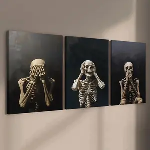 3-Piece Wood Framed Canvas Art Poster, Dark Skull Art Print, Modern Wall Decor for Living Room & Corridor, Home Decor Products, High-Definition Waterproof