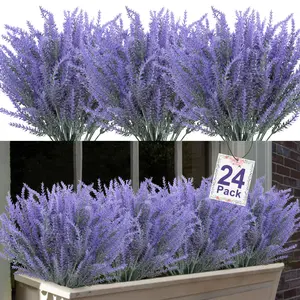 Artificial Lavender, 24 Pcs/Set Lifelike Faux Lavender Plants, Fake Flowers Outdoor for Home, Wedding, Kitchen, Garden, Patio, Window Box, Office and Table Centerpieces