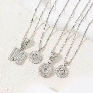 26 Letters Copper Necklace Surface Insert Diamond Candy Letter Plus Flower Letter Pendant Necklace Set Female Copper Inset Zircon Combination Letter Silver Set Ornaments Daily Decor