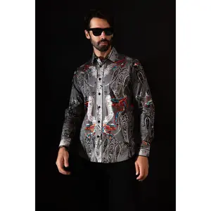 Breechquilt Rhinestone Long Sleeve Shirt Slim Fit Paisley Stylish Dragon Fabric Man Top Cotton