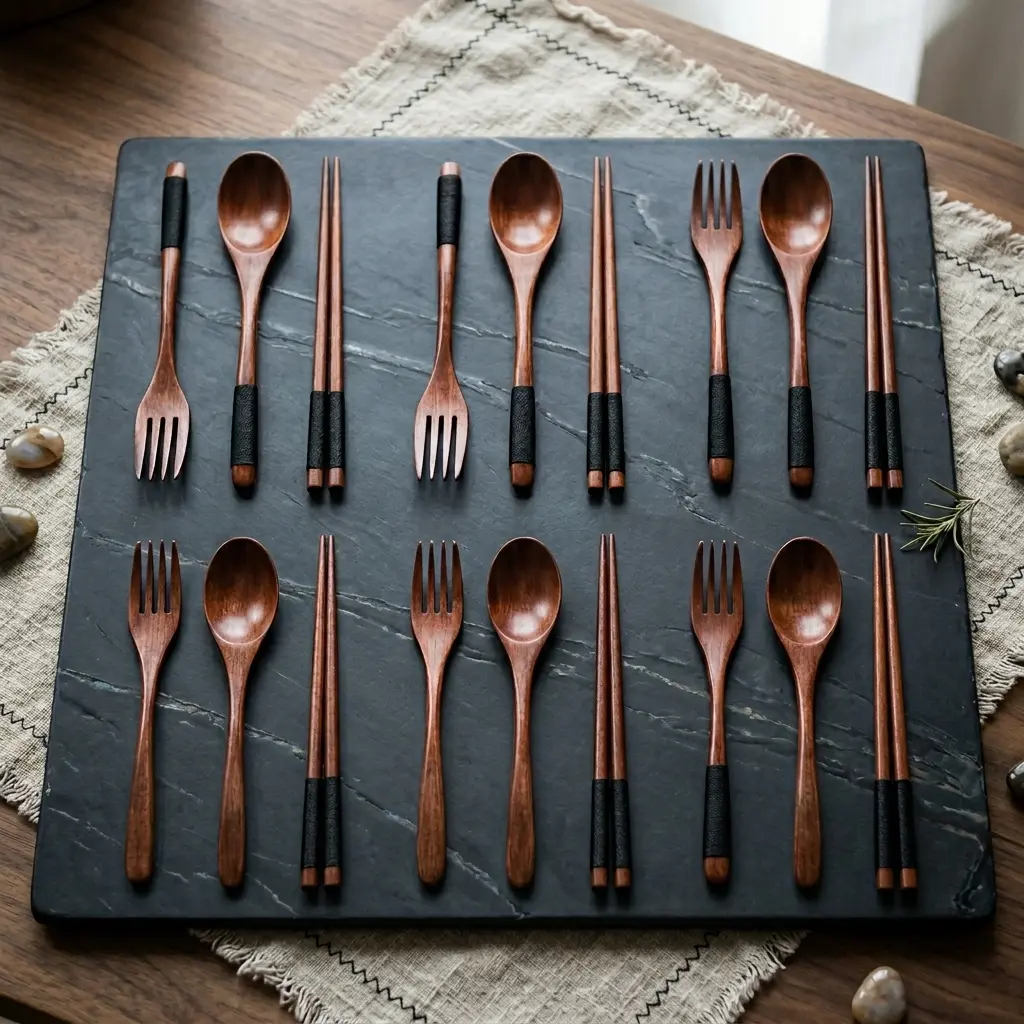 18-Piece Natural Wooden Utensils Set - Handmade Kitchen Cutlery Set (3 Pcs per Type: Spoons, Chopsticks, Forks) - Girly Lightweight Aesthetic Kitchen Accessories for Elegant Dining & Everyday Use