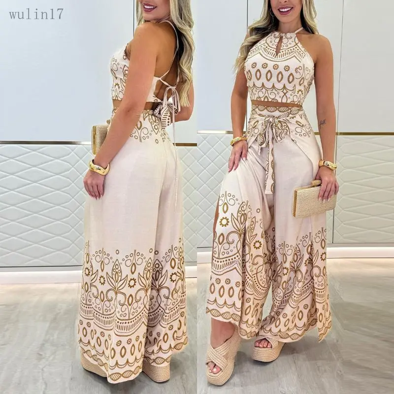 Women's Fashion 2-Piece Tribal Print Viscose Clothing Set - Chic Keyhole Neck Sleeveless Top, Relaxed Fit Wide Leg Tied Detail Slit Pants for Casual Wear Women's Clothes, Style