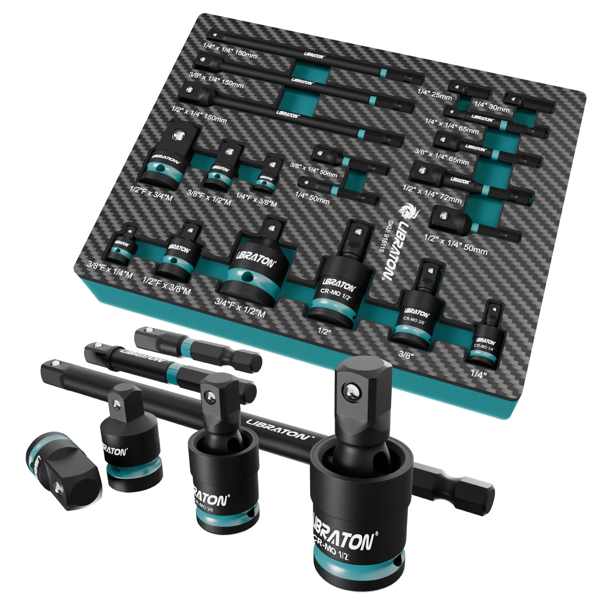 LIBRATON 20PCS Socket Adapter and Reducer Set, Impact Socket Adapters, Includes Cr-V Reducers, Cr-Mo Universal Joints, Cr-V Socket Adapter Extension, XPE Foam, for Automotive Repair DIY Project