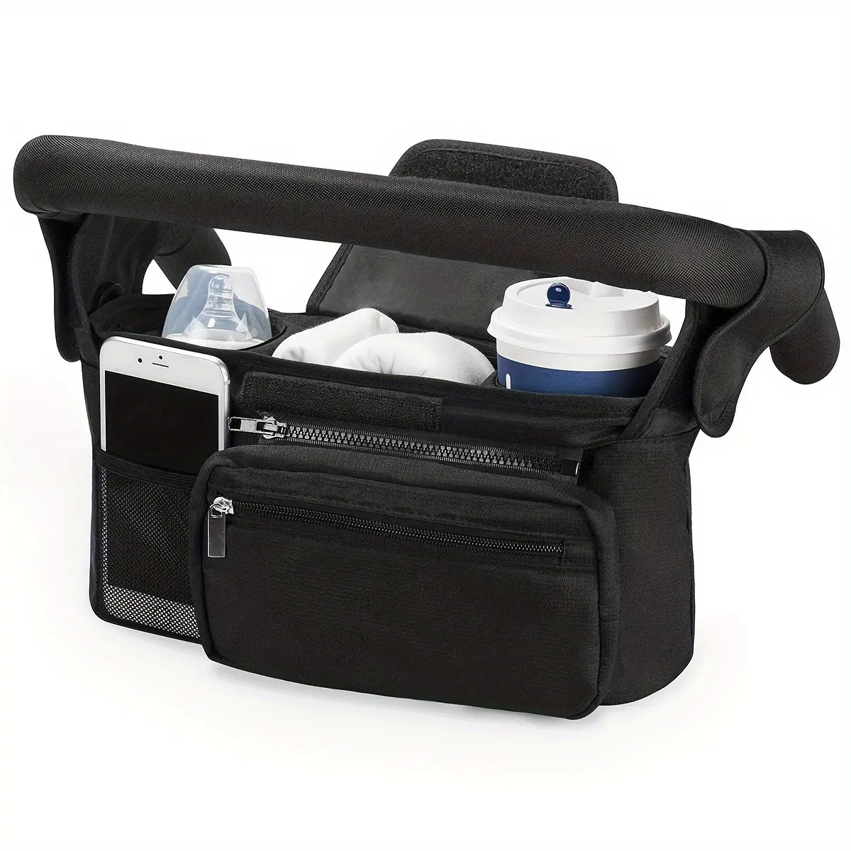 Universal Stroller Organizer Caddy with 2-in-1 Wipe Pocket | Wide Cup Holders, Elastic Side Pockets, Shoulder Strap & Secures to Full-size Strollers, Black
