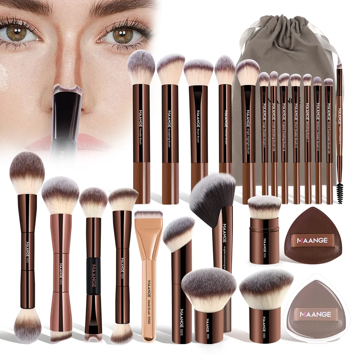 MAANGE 23Pcs Cosmetic Brush Set - Nose Contour, Concealer, Eyeshadow & Foundation Brushes, Soft Bristles for Gentle Apply, Beginner-Friendly for All Makeup (Liquid, Cream & Powder), Beginners, Multi Pack
