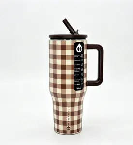 HydroJug 40oz Traveler Insulated Tumbler Brown Gingham Leak-Proof Stainless Steel Thermos Mug Keeps Drinks Cold 24H Portable Drinkware for Travel Gym School - Flasks Bottles Bottled Water Bottles