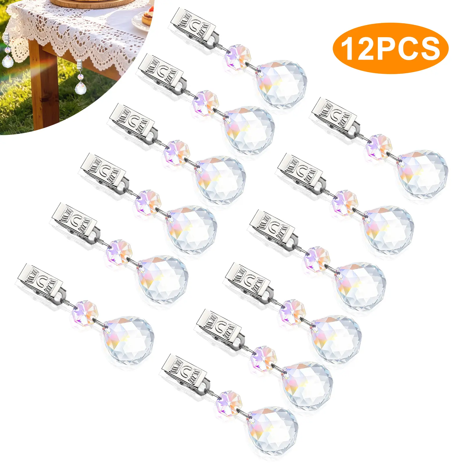 12Pcs Crystal Pendant Tablecloth Clips for Party Wedding - Elegant Tablecloth Weights Set,Windproof Table Cloth Holder,for Outdoor Garden Patio Picnic Camping BBQ