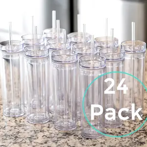 24 PACK 16oz Clear Acrylic SKINNY TUMBLERS, 16oz Bulk Tumbler Blanks, DIY Wholesale, Blank 16 oz Tumbler, Clear 16oz Tumbler, Acrylic Tumbler, Tumbler for her, Tumbler Gifts, Wedding Party Favor, Teacher Gift, Vinyl Decal Cups, Clear Blanks Tumbler
