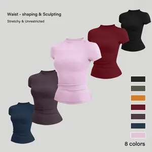 Women's solid color crew neck sports t-shirt, sports short sleeve crew neck t-shirt, slim fit and stretchy, perfect for yoga, gym, workout, daily outdoor wear, women's sportswear